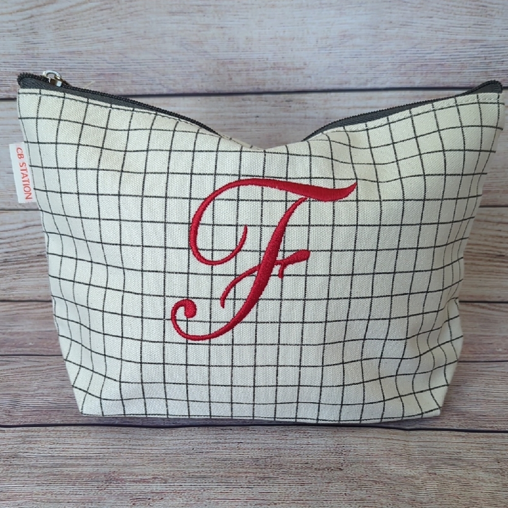 Grid Pattern Cosmetic Bag with Red Initial